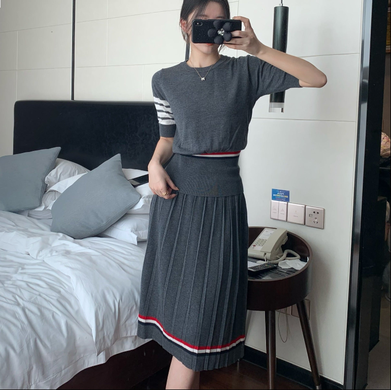 Thom Browne Women's Long Sleeve Top and Midi Skirt Two-Piece Set