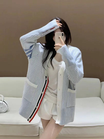 2025S Women's striped v-neck jacket THOM TREND