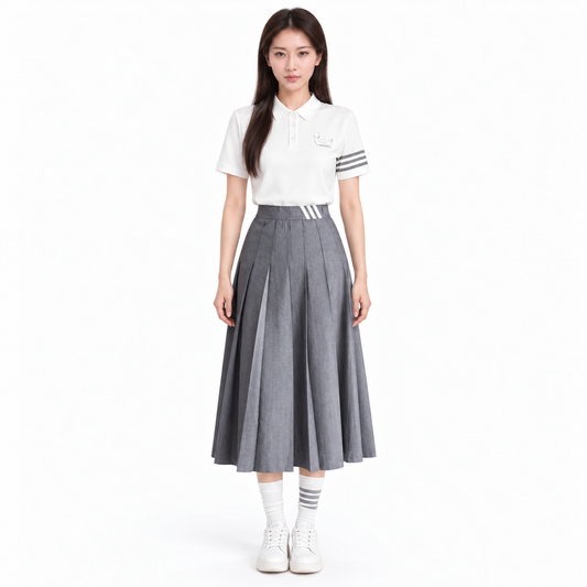 Thom Browne Women's Polo T-Shirt + Mid-Length Skirt Set