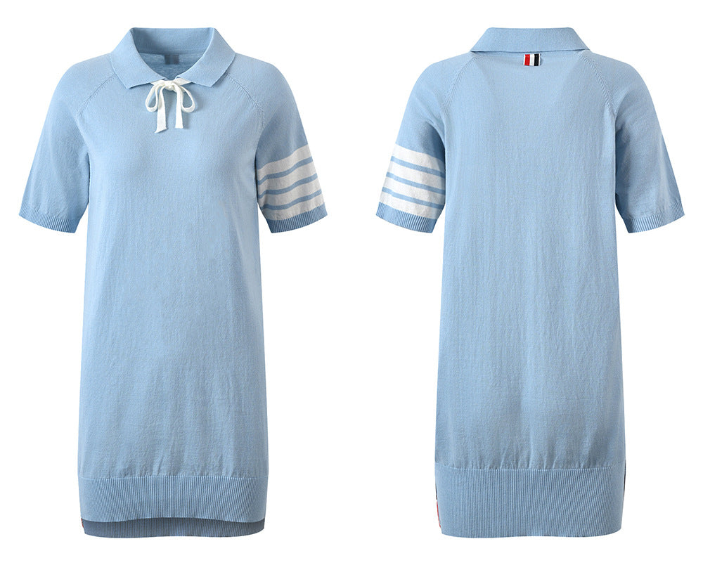 Women's Polo Collar Knitted Short Sleeve Dress - Premium Cotton Casual Dress