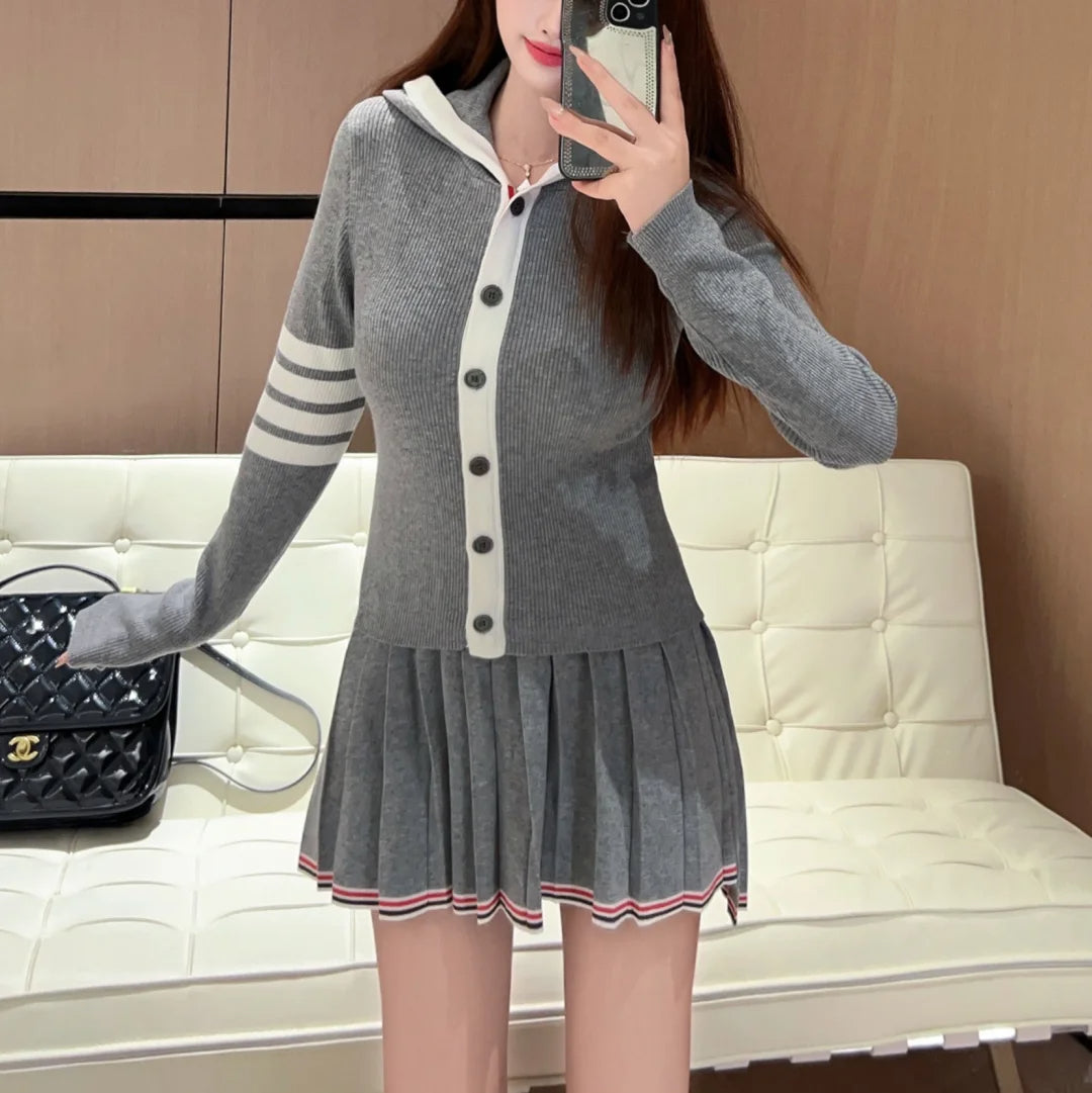 Hooded contrast cardigan and skirt set THOM TREND